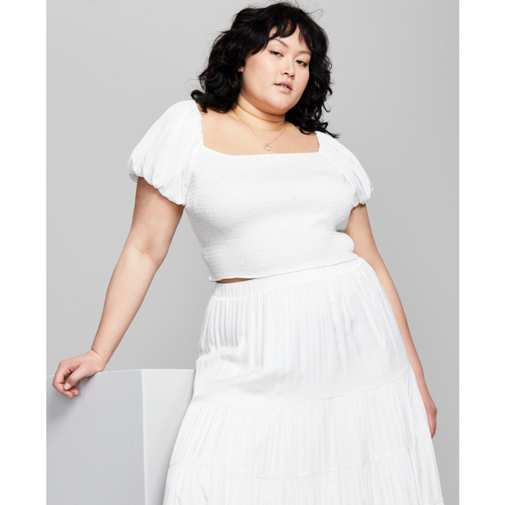 And Now This Women's Plus Size 2X White Square Neck Puff Sleeve Crop Top NWT